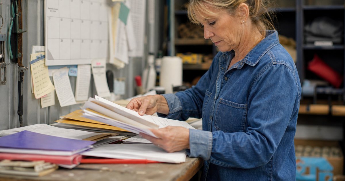 A small business owner at a cluttered workshop counter sorting a pile of official envelopes and folders, a pegboard of hand tools on the wall in the background
