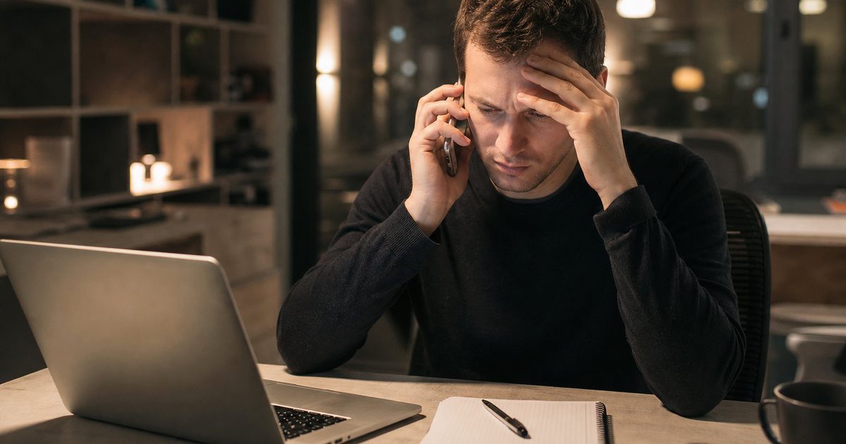 A founder on a phone call at a small startup office late in the evening, one hand on the forehead, a laptop open and a notepad with a pen on the desk