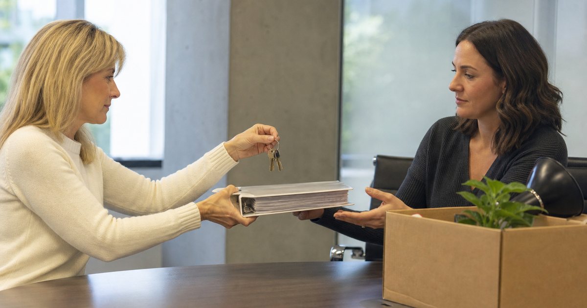 Two colleagues at a conference table in a bright office, one handing a thick binder and a ring of keys to the other, cardboard box with desk items nearby
