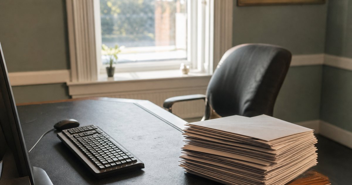 A quiet small office desk with a tall stack of unopened envelopes, a dusty keyboard, and an empty chair pushed back, soft morning light through a window