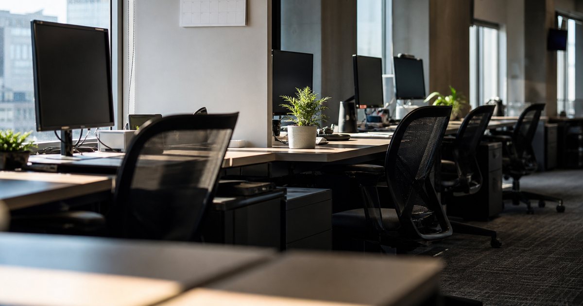 An empty modern office on a quiet weekend morning, chairs tucked in, sunlight across the desks, a tall potted plant visible near the window